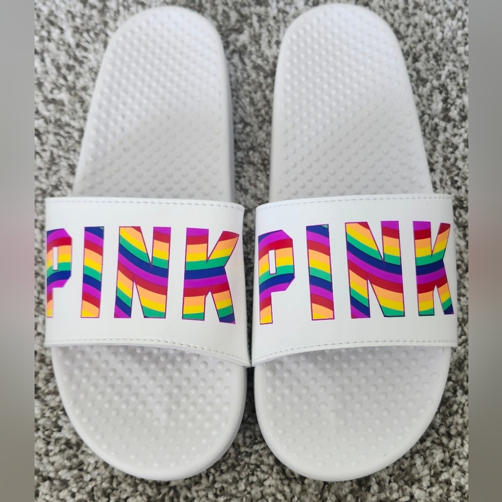 New Victoria's Secret PINK Optic White Pride Rainbow Slides